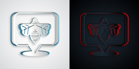 Paper cut Bee icon isolated on grey and black background. Sweet natural food. Honeybee or apis with wings symbol. Flying insect. Paper art style. Vector