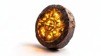Ancient Enigmatic Artifact Illuminated with Mystical Light on White Background, Perfect for Fantasy and Sci-Fi Themes