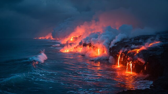 Volcanic lava river flowing into the ocean, creating clouds of steam and glowing heat