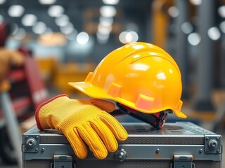 Fototapeta premium Safety Gear: A Yellow Hard Hat and Glove on a Metal Case.