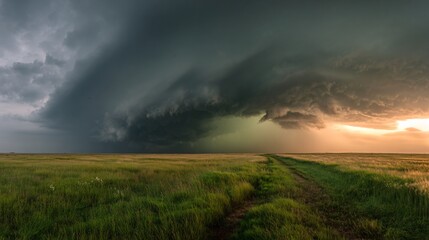 Tornado supercell cloud system over open prairie with greenish storm light