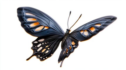 Beautiful black butterfly with orange highlights gliding gracefully against a white background in nature's vibrant colors