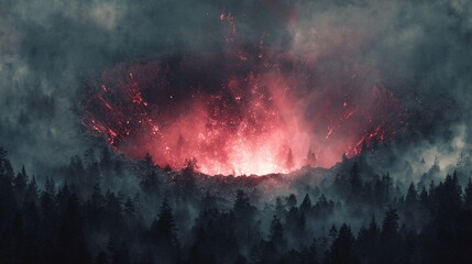 Volcano crater eruption with glowing magma and ash raining down on forest