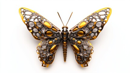 Artistic depiction of a metallic butterfly with intricate pattern and vibrant gold and silver colors on a white background