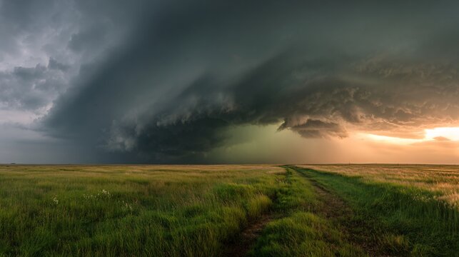 Tornado supercell cloud system over open prairie with greenish storm light