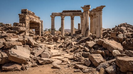 Earthquake ruins of ancient temple with broken columns and fallen stones