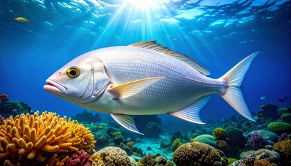 Stunning Underwater Scene A Majestic Fish Amidst Vibrant Coral Reef