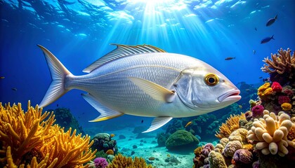 Majestic silvery fish swims gracefully amidst a vibrant, sunlit coral reef, showcasing the stunning beauty of marine life
