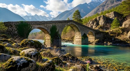 Scenic view of old stone arch bridge over river
