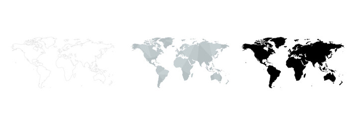 Fototapeta premium Three world maps in white grey and black global earth