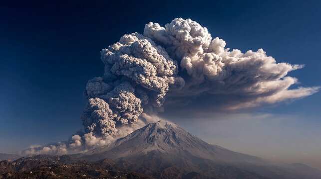 Volcano eruption ash plume rising kilometers into atmosphere