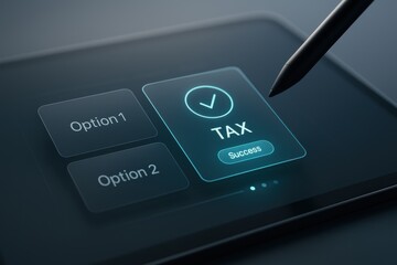 Tablet with stylus showing holographic digital tax payment success screen
