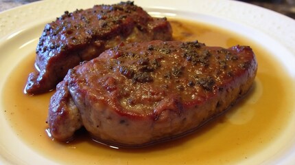 Juicy grilled pork chops with savory spice rub served on a white plate with rich brown sauce and garnish