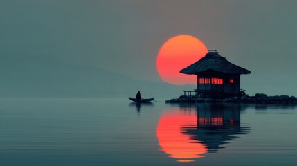 Sunrise over lake cabin