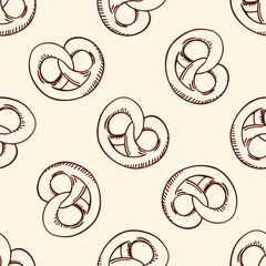 A seamless pattern of handdrawn pretzels on a cream background