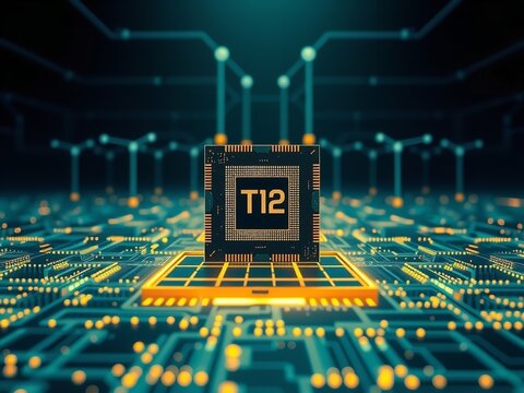 Powerful T12 Chip on a Complex Electronic Circuit Board Illustrating Technology