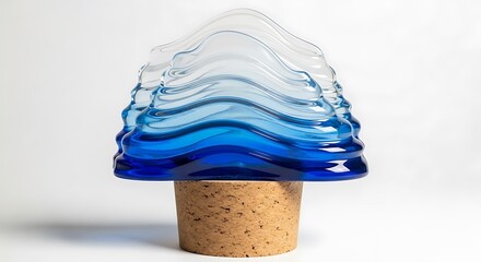 Glass sculpture resembling layered waves, blue gradient, cork base