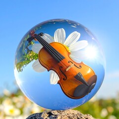Violin in a crystal sphere, flowers