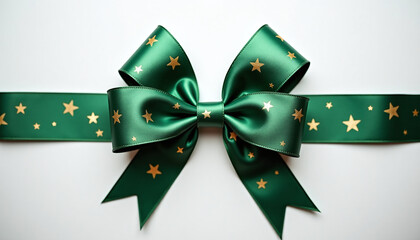 Green ribbon bow with golden stars on white background, festive holiday decoration for Christmas and New Year gifts