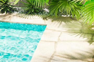 Luxury swimming pool with tropical plants landscape and natural stone path tiles. Poolside patio in mediterranean style holiday villa. Top view.