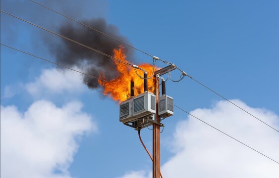 Power transformer engulfed in flames atop utility pole under clear blue sky during electrical malfunction