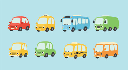 Collection of Cute Cartoon Vehicles for Childrens Entertainment and Education.