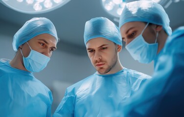 Surgeons collaborate in a bright operating room during a complex surgical procedure with focused attention and teamwork