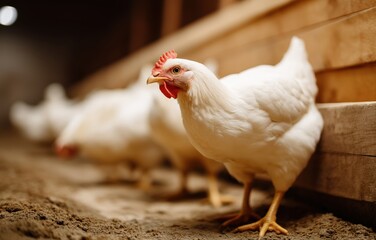 Free-range chickens pecking the ground in a rustic farmyard with wooden coop under natural light