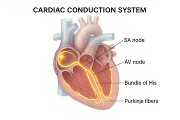 Medical illustration of the cardiac conduction system, highlighting the SA node, AV node, Bundle of His, and Purkinje fibers.