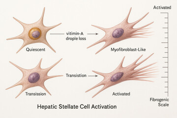 Diagram illustrating the activation process of hepatic stellate cells, showing their transition from a quiescent state to myofibroblast-like and activated states, with indicators for vitamin-A droplet
