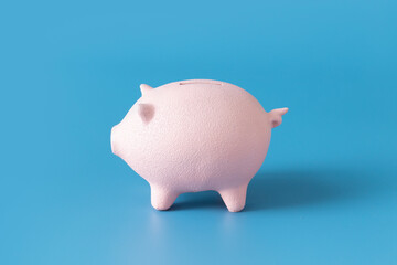 One side view pink piggybank on blue background.