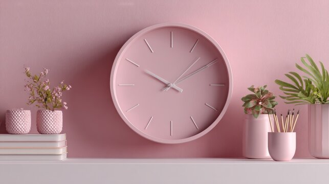 Pastel pink wall clock as centerpiece, modern clean design, symbolizing seasonal change and New Year celebration