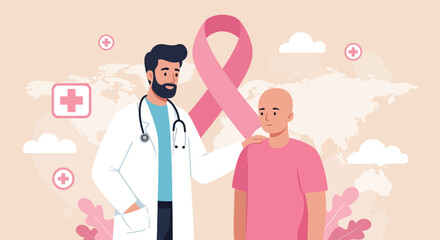 Doctor and Patient with Pink Ribbon Symbolizing Breast Cancer Awareness.