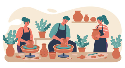 Diverse group of people actively engaged in pottery making shaping clay on wheels.