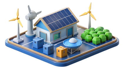 3d Renewable energy isometric design featuring solar panels, wind turbines, and battery storage solutions 