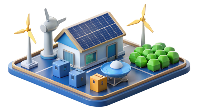 3d Renewable energy isometric design featuring solar panels, wind turbines, and battery storage solutions 