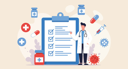 Doctor with Checklist and Medical Supplies Illustrating Healthcare and Treatment.