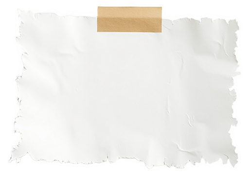 Torn white paper texture with masking tape for design background, isolated blank space for creative projects and mockups