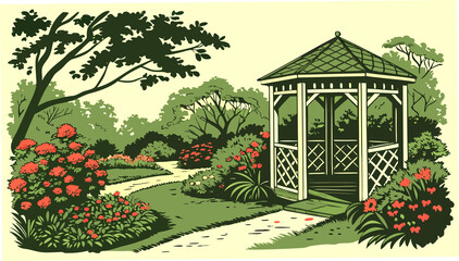 Elegant Vector Gazebos with Decorative Plants Illustration