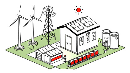 vector 
Sustainable Future Design with Solar Panels, Wind Turbines, and Battery Storage