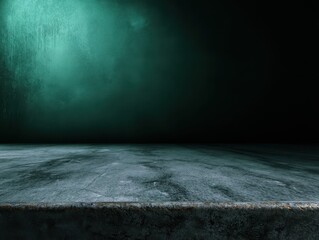 Foggy atmosphere with a moody, textured concrete surface illuminated by a greenish light. No text visible. The photo creates a mysterious and eerie ambiance through lighting and shadows