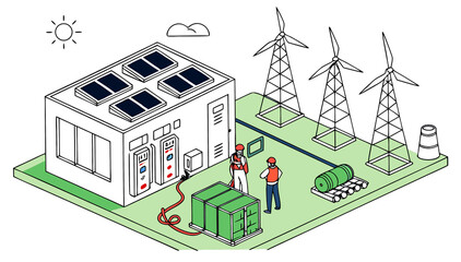 vector 
Sustainable Future Design with Solar Panels, Wind Turbines, and Battery Storage