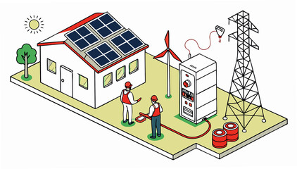 Sustainable Future Design with Solar Panels, Wind Turbines, and Battery Storage