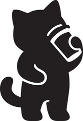Silhouette vector of cat drinking from takeaway coffee cup, cozy cute feline design.