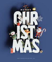 White Christmas letters with Christmas symbols on blue background. Creative Merry Christmas banner design. 3D Rendering, 3D Illustration	
