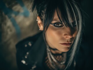 A woman with dark hair and contrasting light streaks gazes intently. Her makeup is dramatic with bold eyeliner. She wears layered chains and a black outfit with stud details