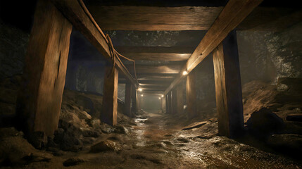 A view from inside an old, wet and abandoned mine, a dark and dangerous underground tunnel with wood supports, a concept of historical mining, hard work and exploration, a claustrophobic rustic.
