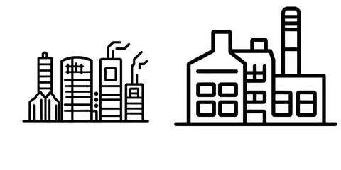 The Industrial Complex Icon is represented by a bold, black-and-white illustration of a large industrial complex with multiple smokestacks and buildings, symbolizing manufacturing and industry