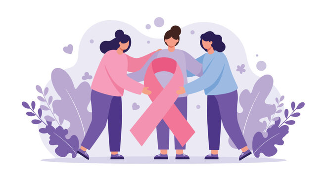 Three women holding a pink ribbon symbolizing breast cancer awareness and support 1.