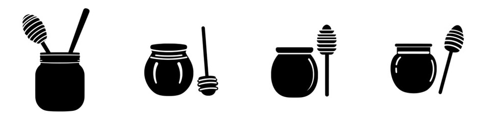 A minimalist black and white modern illustration of a honey jar with a dipper is perfect for use in app interfaces, branding, and other design projects